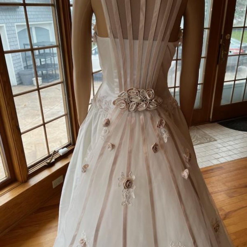 *Mon Cheri Ivory Satin Tulle Detachable Train Wedding Dress Bridal Gown Size 8